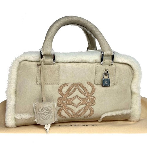 LOEWE Amazona Shearling Handbag a558 Leather Purse Brown
