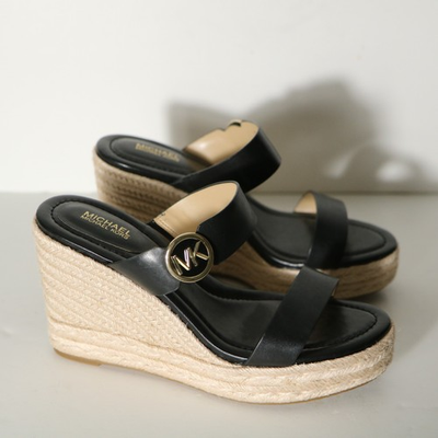 #ad Michael Kors Women Lucinda Wedge Sandals 8 Black Leather Logo Espadrille Strappy $39.99