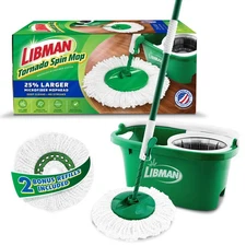 Libman Tornado Spin Mop System with 2 Refill Heads, Microfiber Spinning Mop a...