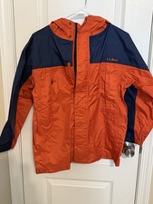 LL Bean Orange Navy Lightweight Rain Hooded Jacket Kids 10/12