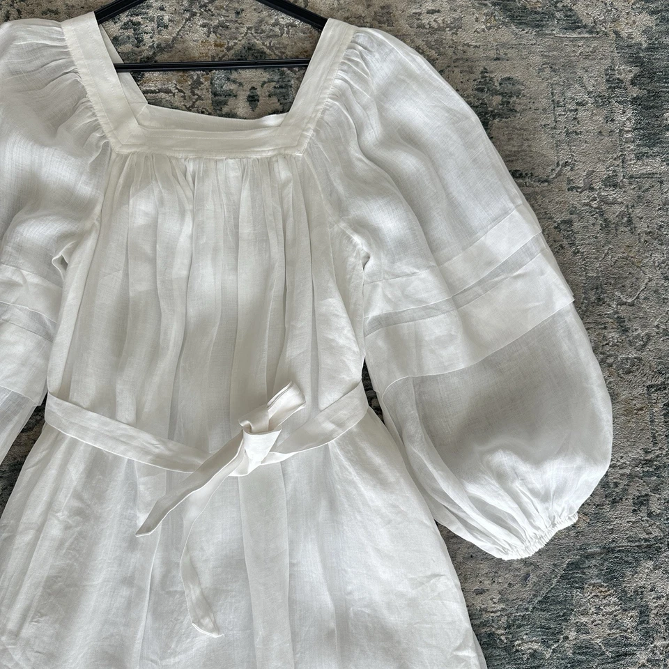 Vestido Banana Republic Pequeño Blanco Pradera Cottage Ramie Manga Abullonada Femenino Foto 2 de 4