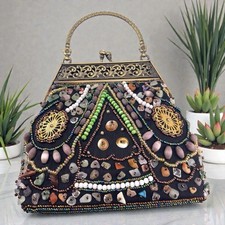 VTG Women's Beaded Stones Purse Elegant Dinner Handbag Multicolor Snap Top