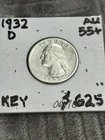 KEY, AU++/UNC 1932-D SILVER WASHINGTON QUARTER. Looks Just a hint of wear.