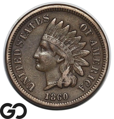 1860 Indian Head Cent Penny, Pointed Bust