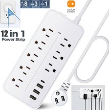 Flat Plug Power Strip with 8 Outlet Long Extension Cord USB Port Surge Protector