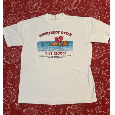 Vintage 90s Everybody Otter Give Blood T-Shirt Single Stitch White Large NewStar