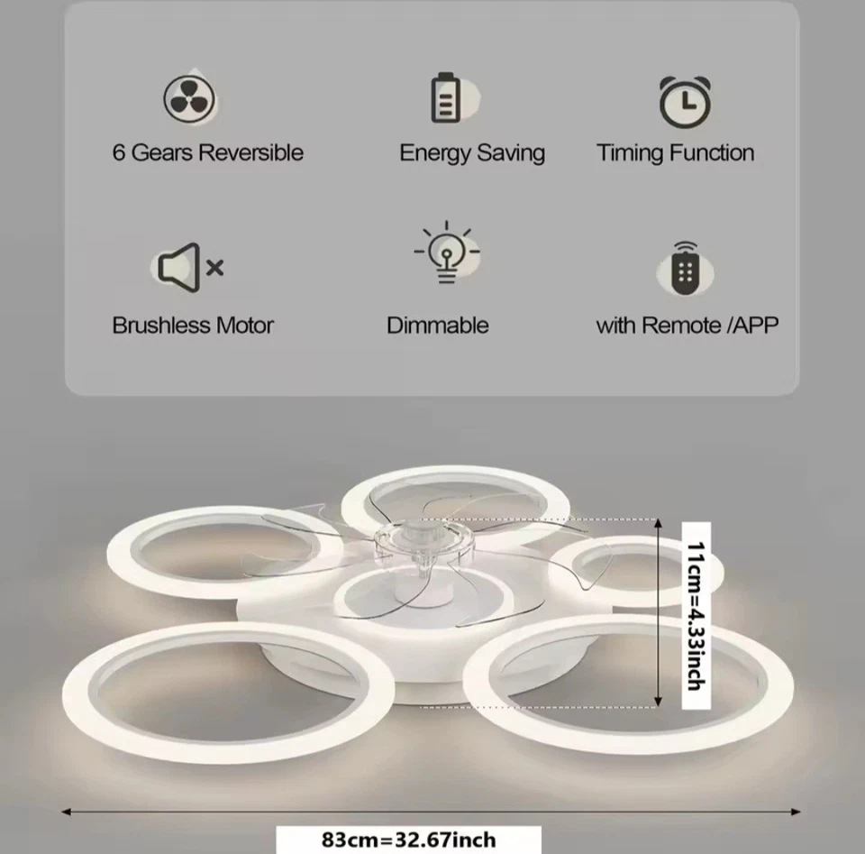 LAMPADARIO VENTILATORE LED DIMMERABILE APP MODERNO PLAFONIERA A SOFFITTO DESIGN  - Image 3 of 4
