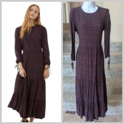 Free Assembly Cottage Peasant Dress (S) Black Red Dots Midi Maxi Tiered Ruffle
