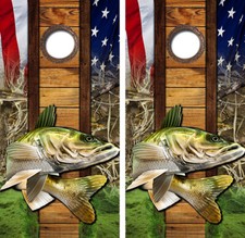Walleye Fishing American Flag Cornhole Board Wraps FREE LAMINATION 3401