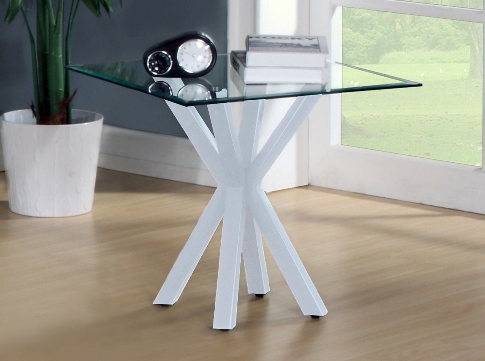 Lamp Table Side End Coffee Table Clear Glass Square Top White Four Legged Base