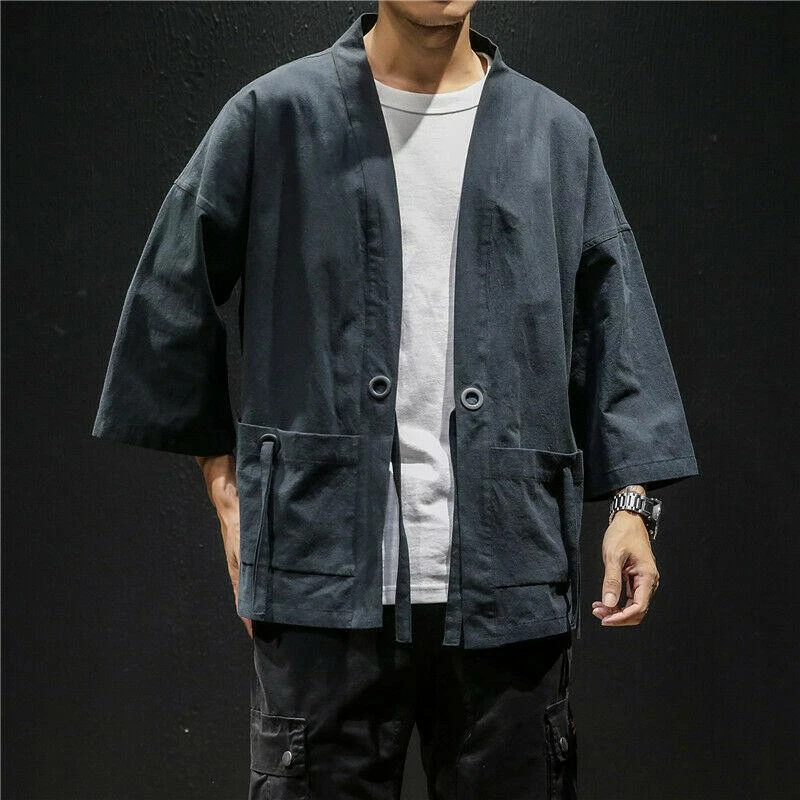 Men Chinese Kimono Coat Tops Jacket Loose Baggy Pocket Outwear Harajuku Summer  - Image 3 of 4