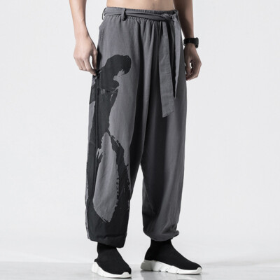 Herren Ethnisch Leinen Baumwolle mit Gürtel Jogginghose Lange Hose Kung Fu Baggy