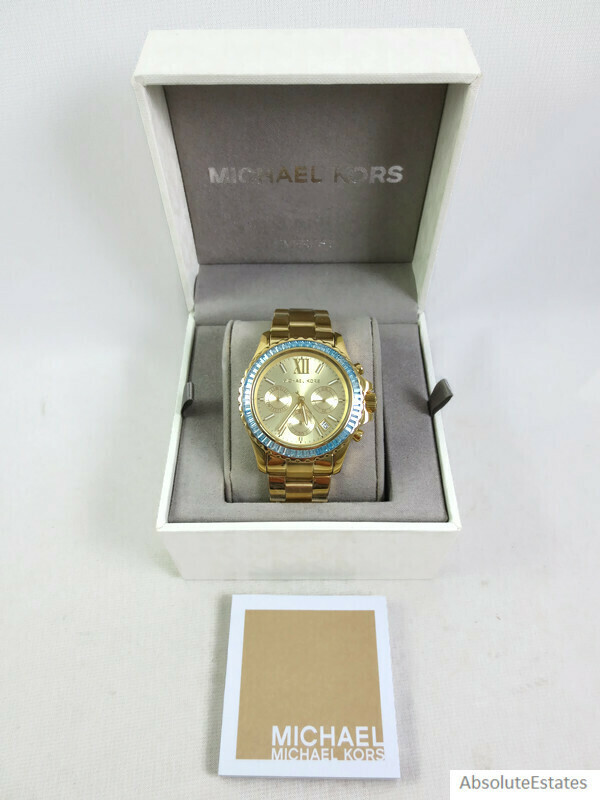 NEW Michael Kors Everest Blue Crystal Gold Chronograph Watch 