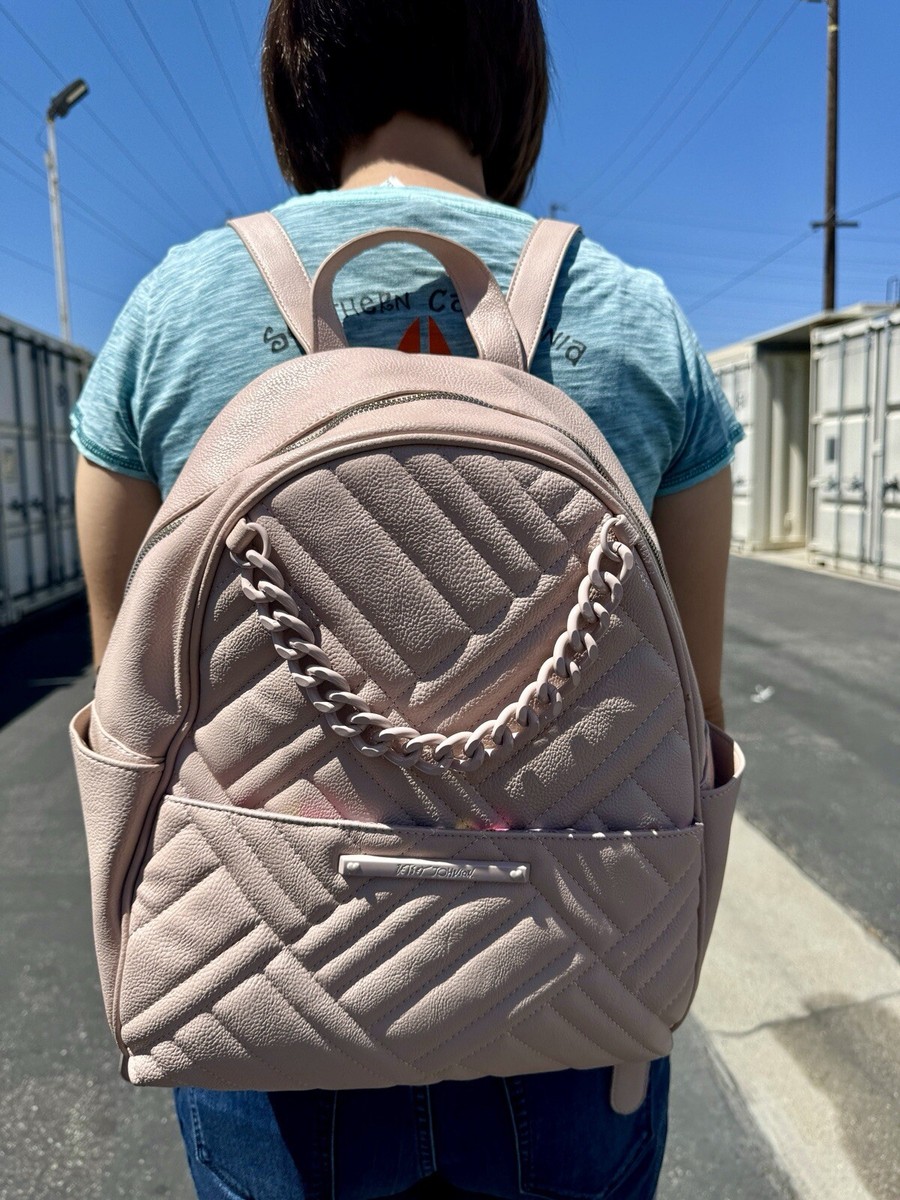 Betsey Johnson Womens Blush Pink Backpack Quilted Zipper Pockets Lined Logo Luv Betsey By Betsey Johnson Chain Trim Backpack In Metallic  main image 2