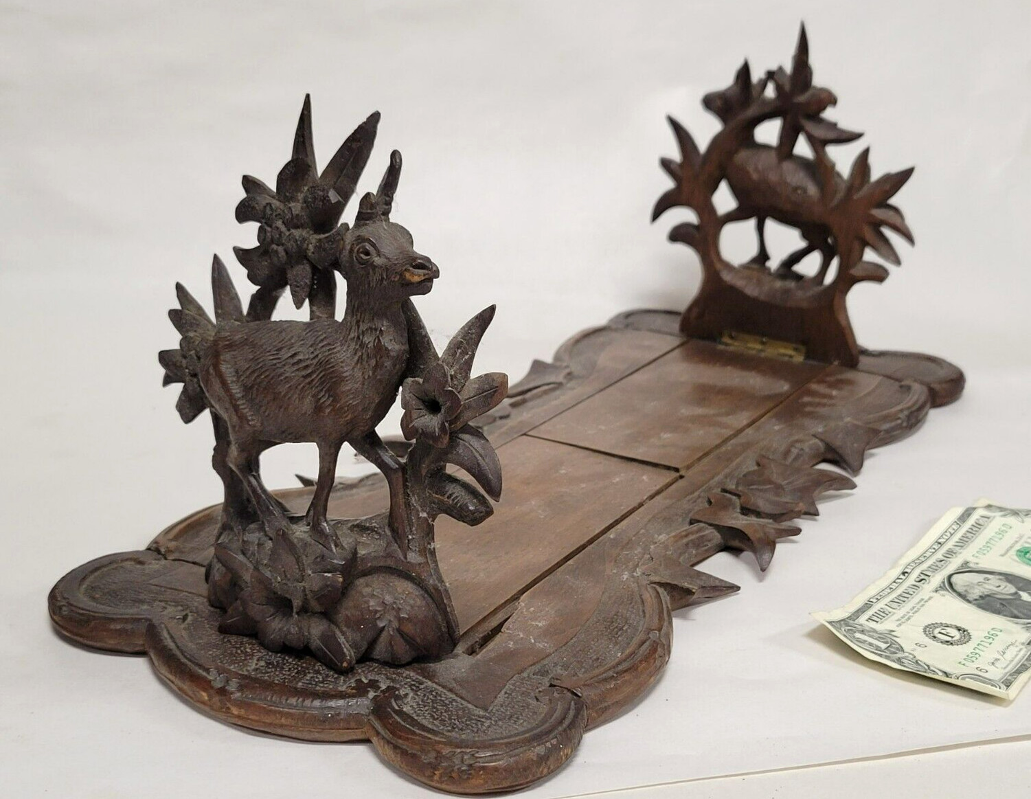 Antique Black Forest Carved Deer Sliding Book Rack Wood Bookend Holder 19th Cen