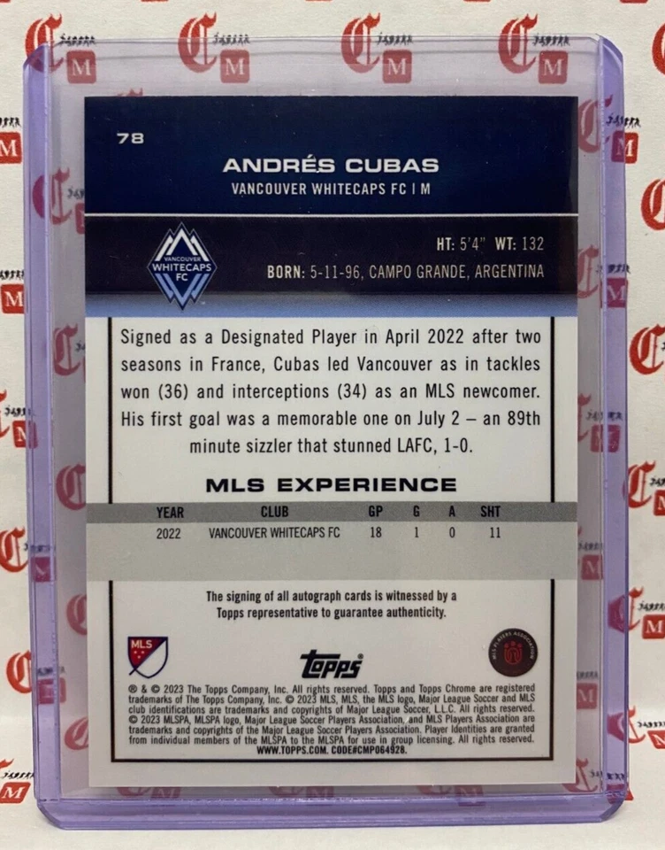 Andrés Cubas AUTO /25 ORANGE Refractor VANCOUVER WHITECAPS 2023 Topps Chrome MLS - Image 2 of 2