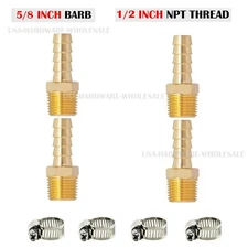 (4 Pack) 5/8" Hose Barb X 1/2" MALE NPT Brass Pipe Fitting NPT Thread + Clamps