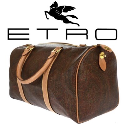 Authentic Vintage ETRO Paisley Boston Speedy  Satchel Brown Leather PVC Bag 1992