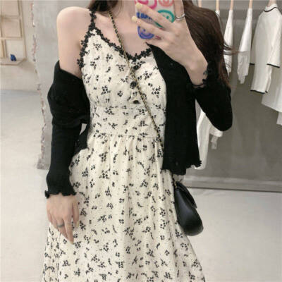Spring Plus Size Women's Crushed Floral Halter Dress Two-piece Retro Skirt Set