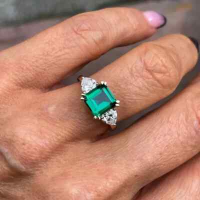 2CT Asscher Lab-Created Emerald Three Stone Wedding Ring 14K Yellow Gold Plated
