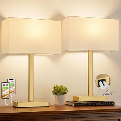 Hong-in 3-Way Dimmable Touch Lamps Set of 2 - USB C+A White Modern Bedside Lamp