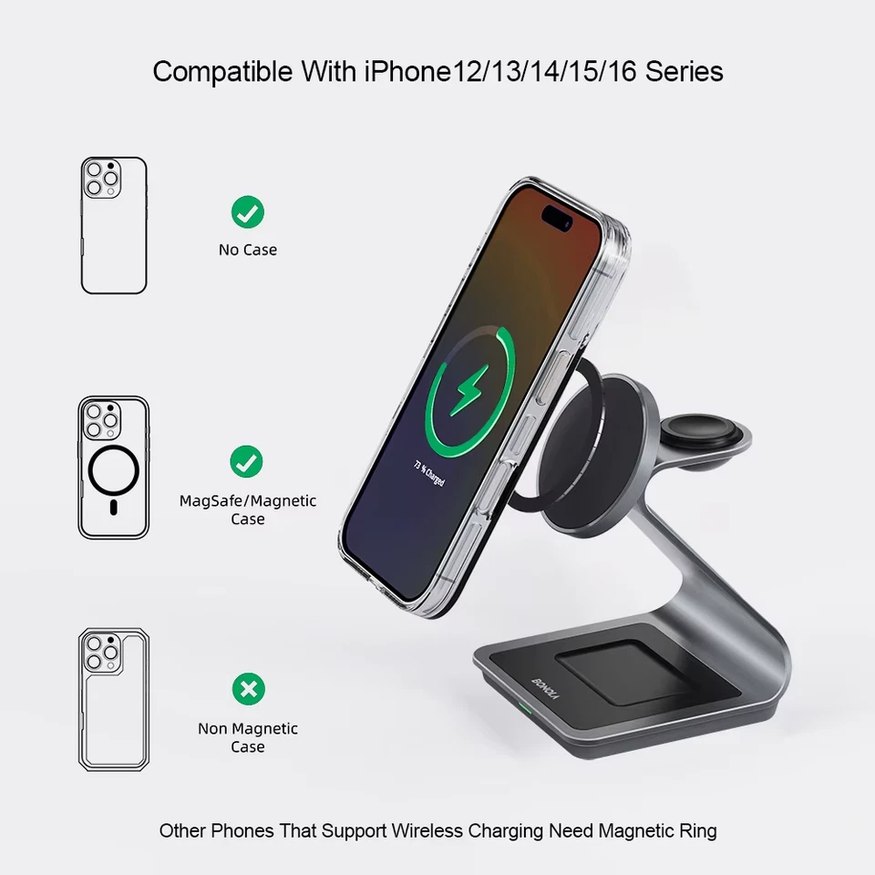 3-in-1 Magnetic Wireless Charging Stand for iPhone 12-17, Apple Watch & AirPods - Image 4 of 4