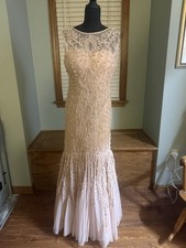 JS Collections Beige Lace Embroidered Sequin Boat Neck Long Mermaid Gown 6