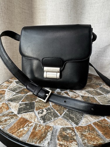 Vintage Giorgio Armani Leather Restore Shoulder Black Bag Unique Clasp Rare Y2K