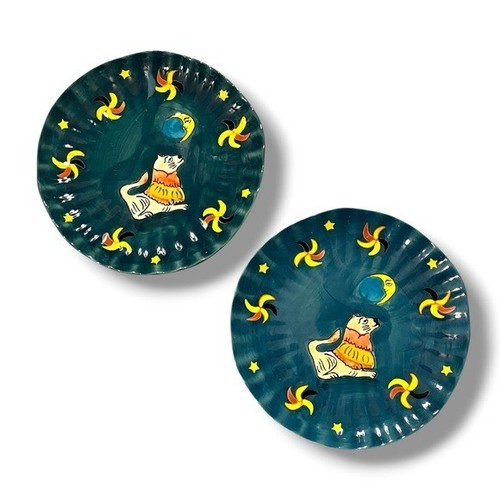 TWO Anthro Claudia Rankin Celestial Dessert Plates Hand painted Lion Stoneware