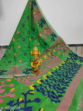 Indian Jamdani Cotton Silk Saree With Unstitched Blouse Women's Party Wear Sari