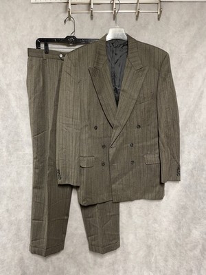 Joseph Abboud Suit Men 41L 42L Beige Gray Winter Flannel Double Breasted 34x34 P