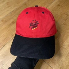 Rare VTG 90s Pizza Hut Tag Red Black Rear-Toppings Strapback Hat Employee Crew