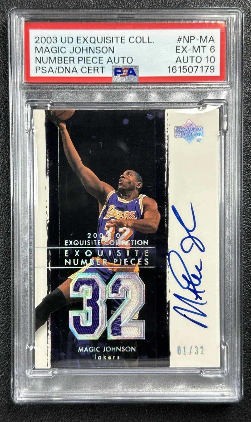 MAGIC JOHNSON PSA 6 2003-04 UD EXQUISITE COLL NUMBER PIECES GU PATCH AUTO 01/32 view 3