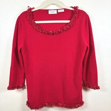 Neiman Marcus Cashmere Sweater Women's Large Fringe Sequins Trim Festive