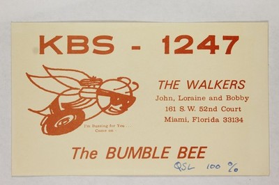Miami FL KBS-1247 The Bumble Bee The Walkers CB Radio QSL Card 1960s