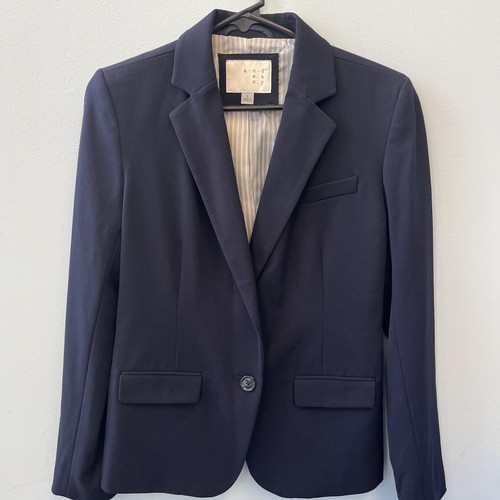 A New Day Blazer Womens 4 Navy Blue Linen Blend Summer Career Jacket Office