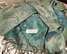Pashmina Paisley Green Blue Gold Fringe Rectangle Scarf for Women