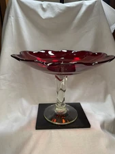 Vintage ruby red shallow compote with clear twisted base