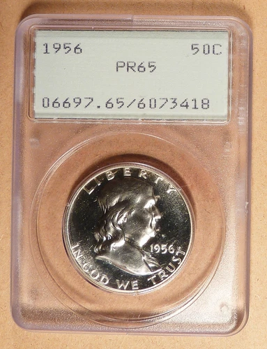 1956 Franklin Half Dollar, PCGS PR65, Light Cameo, Desirable Old Rattler Holder.