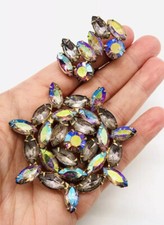 Large GARNE Lavender & AB Rhinestone Brooch Earrings Demi Signed Vintage Jewelry
