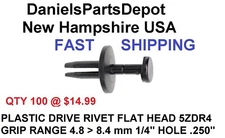 x100 1/4" HOLE RIVET PLASTIC 4.8- 8,4 mm GRIP RANGE 5ZDR4 FLAT PUSH PIN BLACK