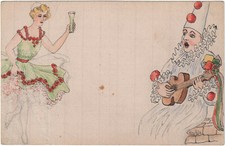 CARTOLINA DIPINTA A MANO: DISEGNO DI UNA DONNA CHE BRINDA E PIERROT HILDA ROLLA