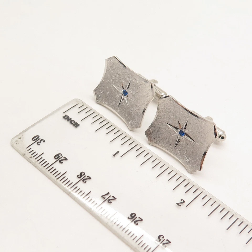 Gemelos rectangulares de plata de ley 925 vintage JML EE. UU. azul C Z acabado satinado Foto 3 de 4