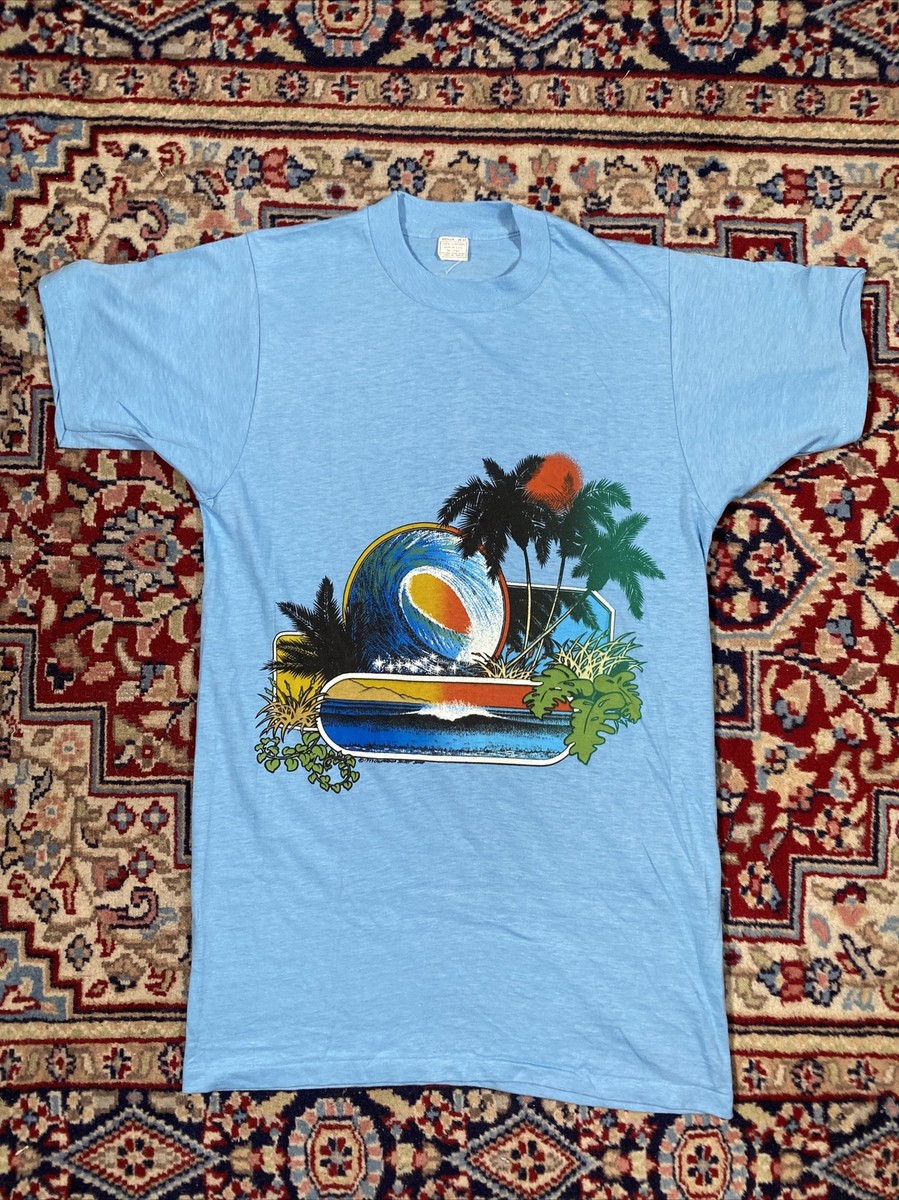 Vintage 1977 California Shirt Shop Waves T Shirt Medium Blue Vtg 