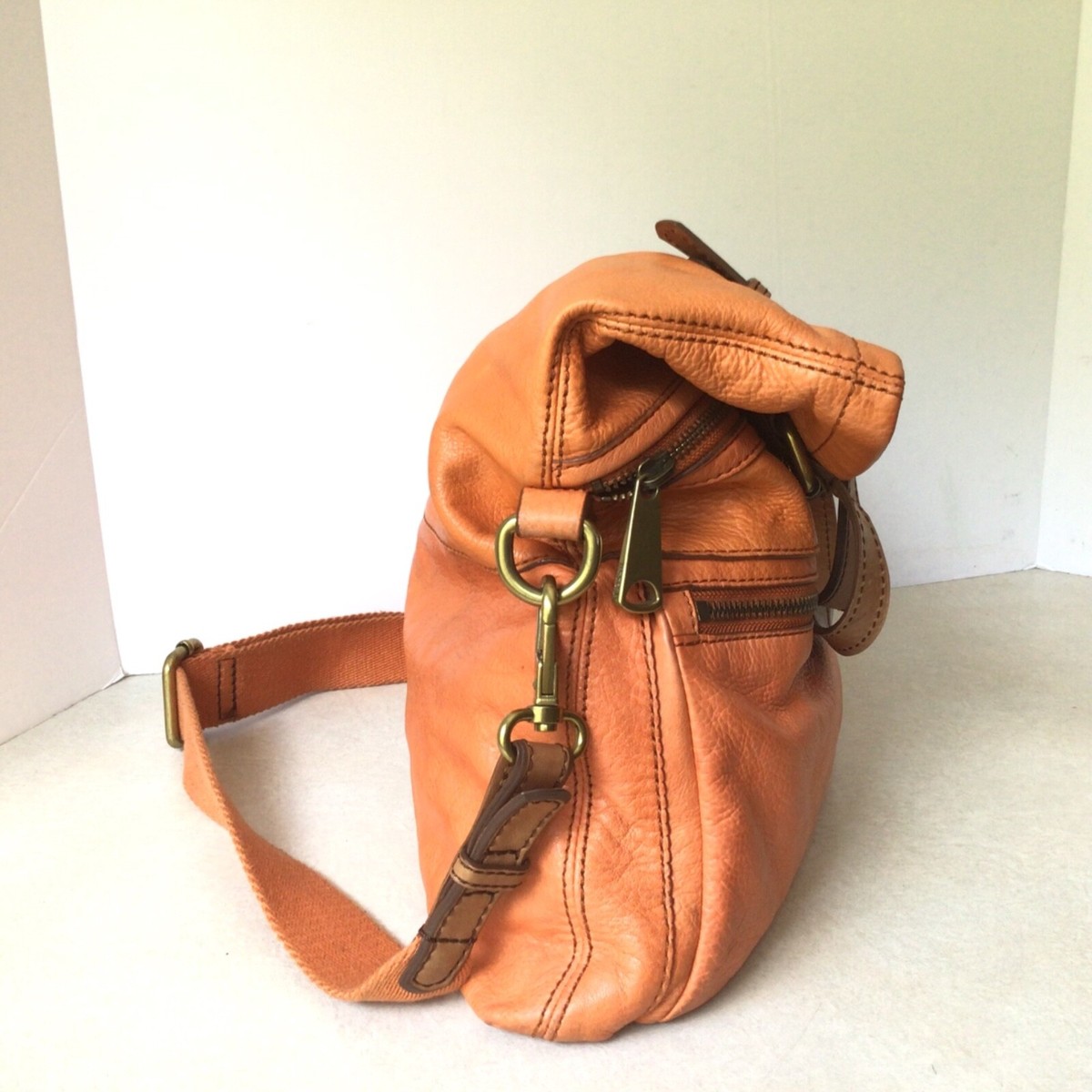 FOSSIL EXPLORER Orange Leather Foldover Crossbody Tote 