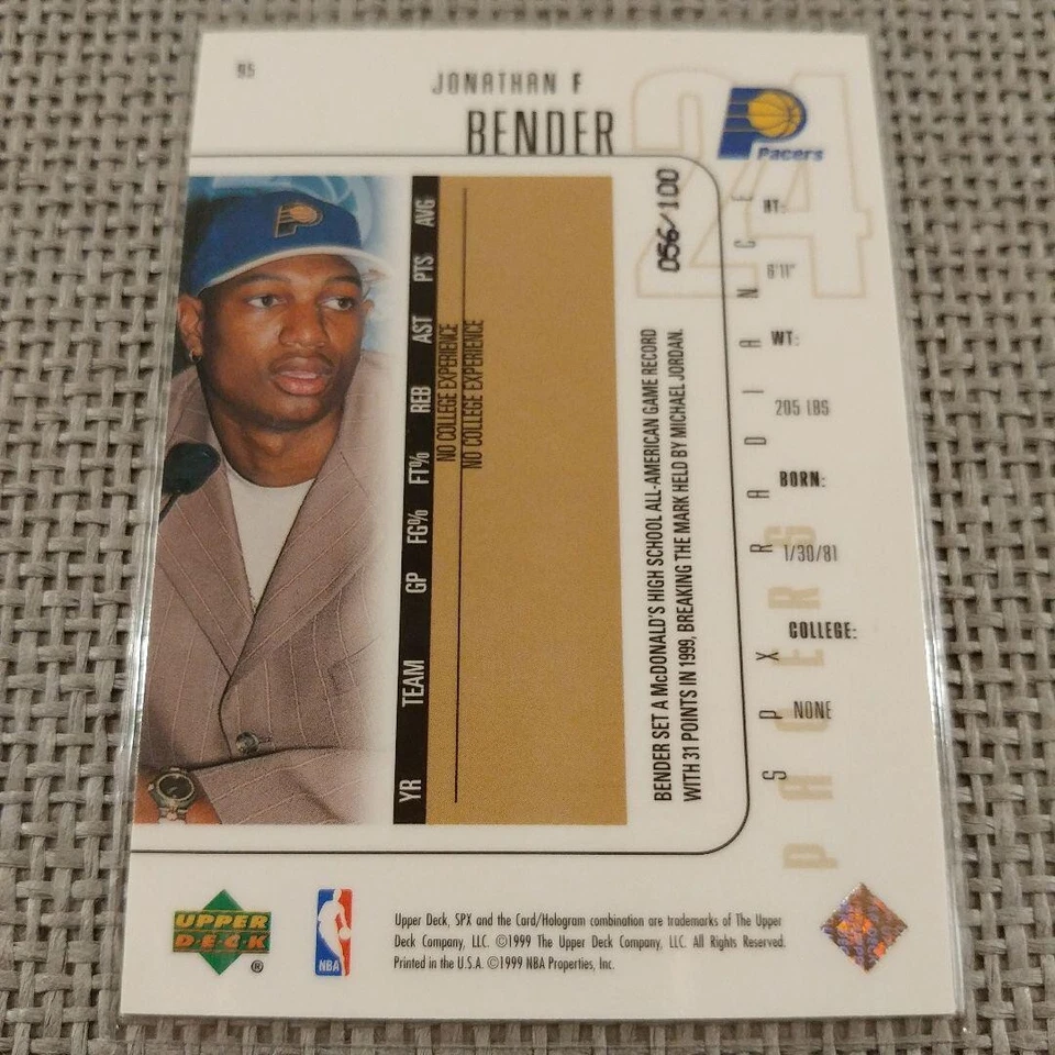 Jonathan Bender 1999-00 UD SPx RC/100 Pacers KNicks NBA Rookie envío gratuito Foto 4 de 4