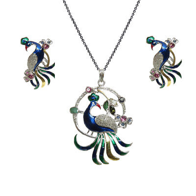 925 Sterling Silver 1.08 ct Pave Diamond Peacock Shape Pendant Fine Jewelry
