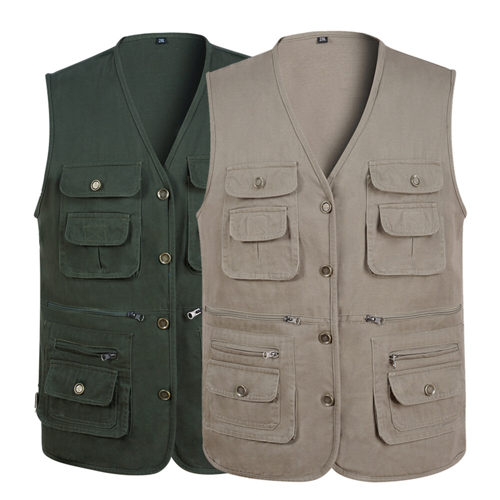 Mens Utility Waistcoat Work Vest Jacket Sleeveless Gilet Coat Multi-Pocket  Khaki