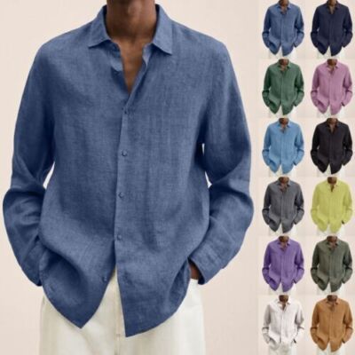 Mens Long Sleeve Dress Shirts Shirt Solid Baggy Button-down Tops Blouse T  Shirt | eBay