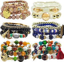 Bohemian Bracelet Sets for Women - 6 Sets Stackable Stretch Bracelets Multi-Colo